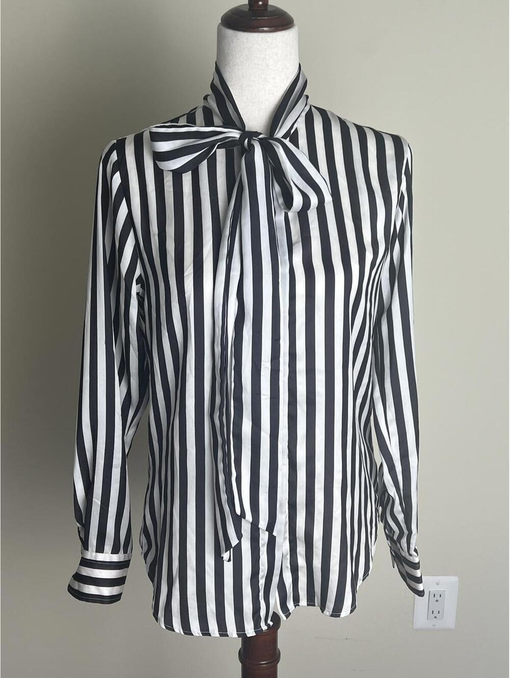 The Shirt by Rochelle Behrens No Gape Striped Bow Tie Blouse XS